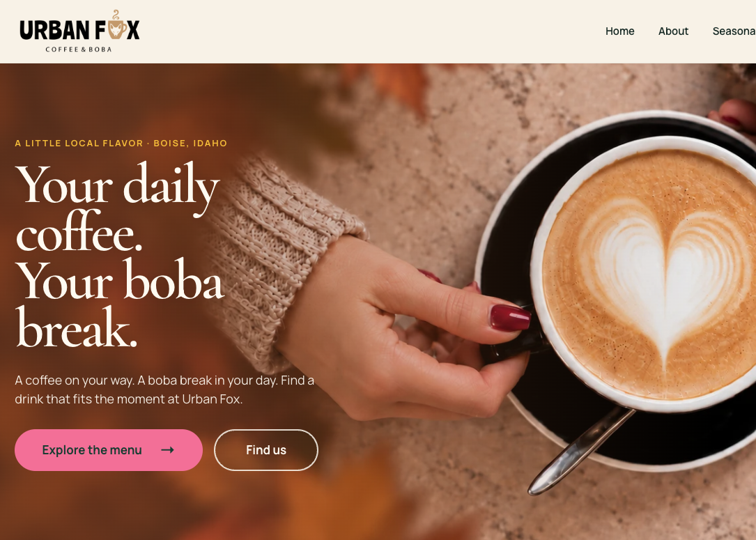 Urban Fox Coffee & Boba website redesign homepage with navigation and coffee hero imagery